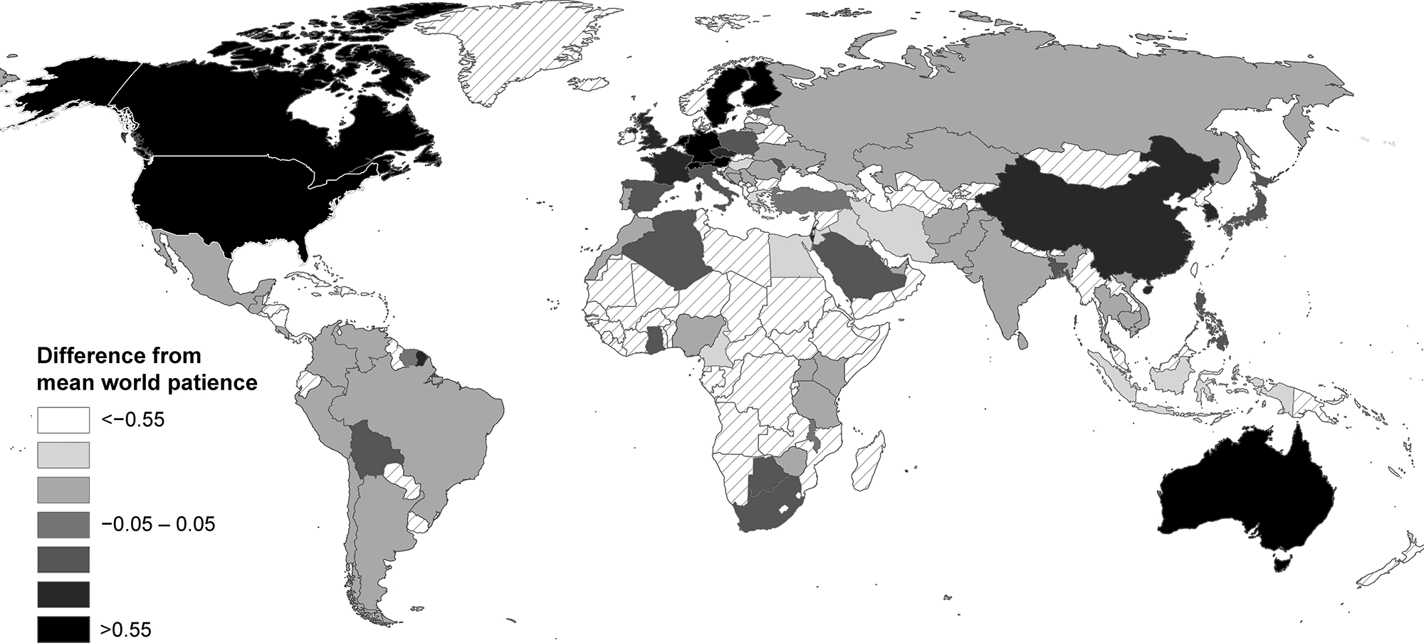 Global distribution of patience across 76 countries. 