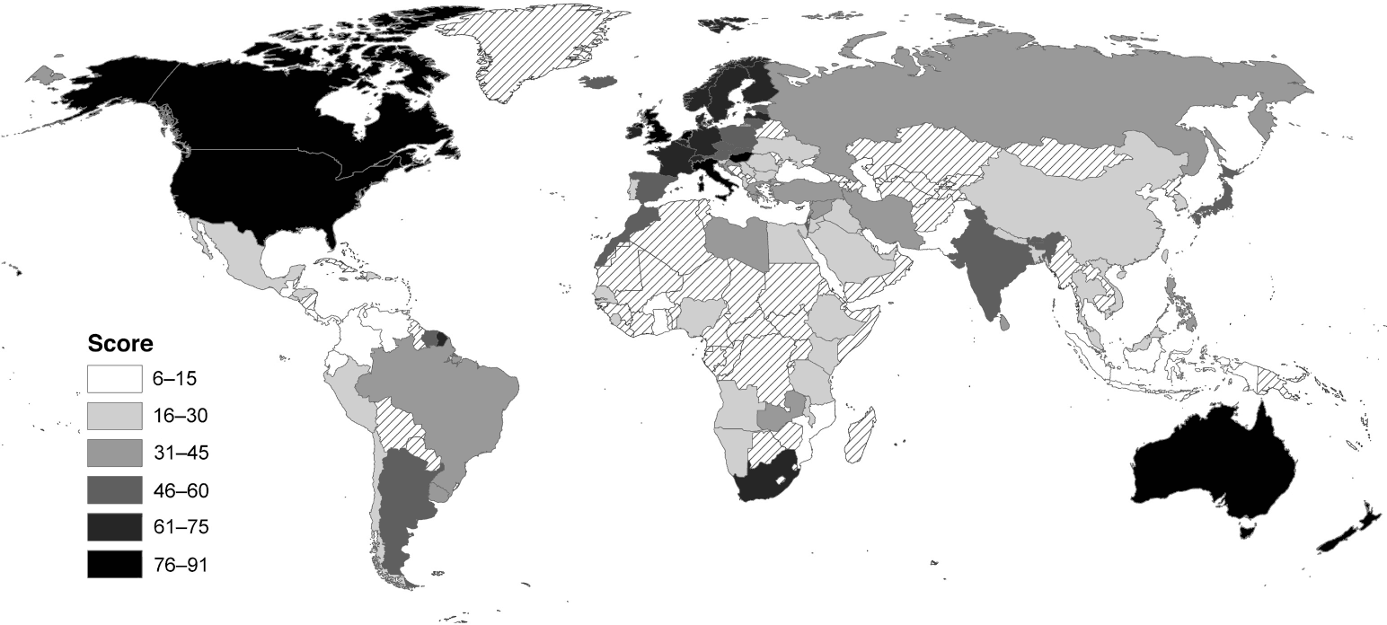 Global map of individualism based on Hofstede’s omnibus scale covering 93 countries.