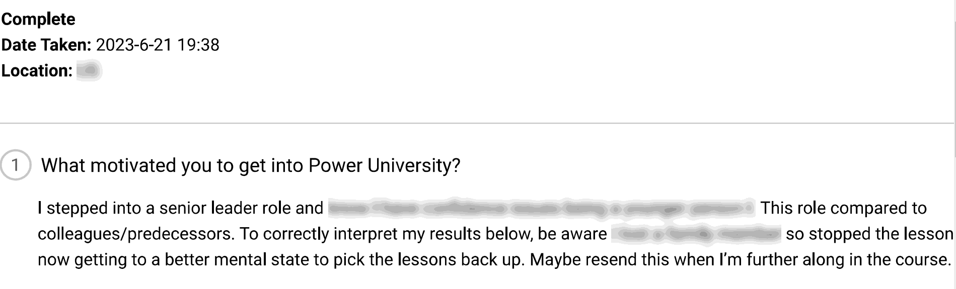 example of user excluded from the power university survey for insufficient program exposure