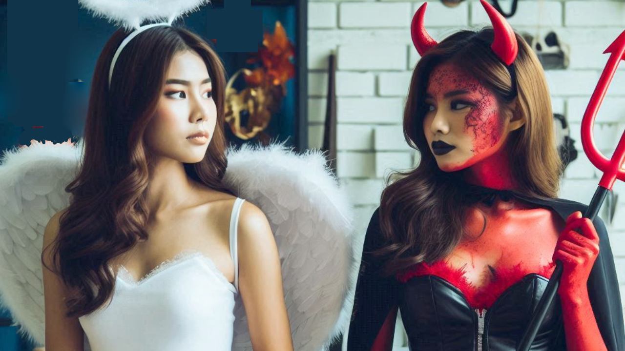 the same woman dressed as angel and devil to represent the madonna-whore dichotomy