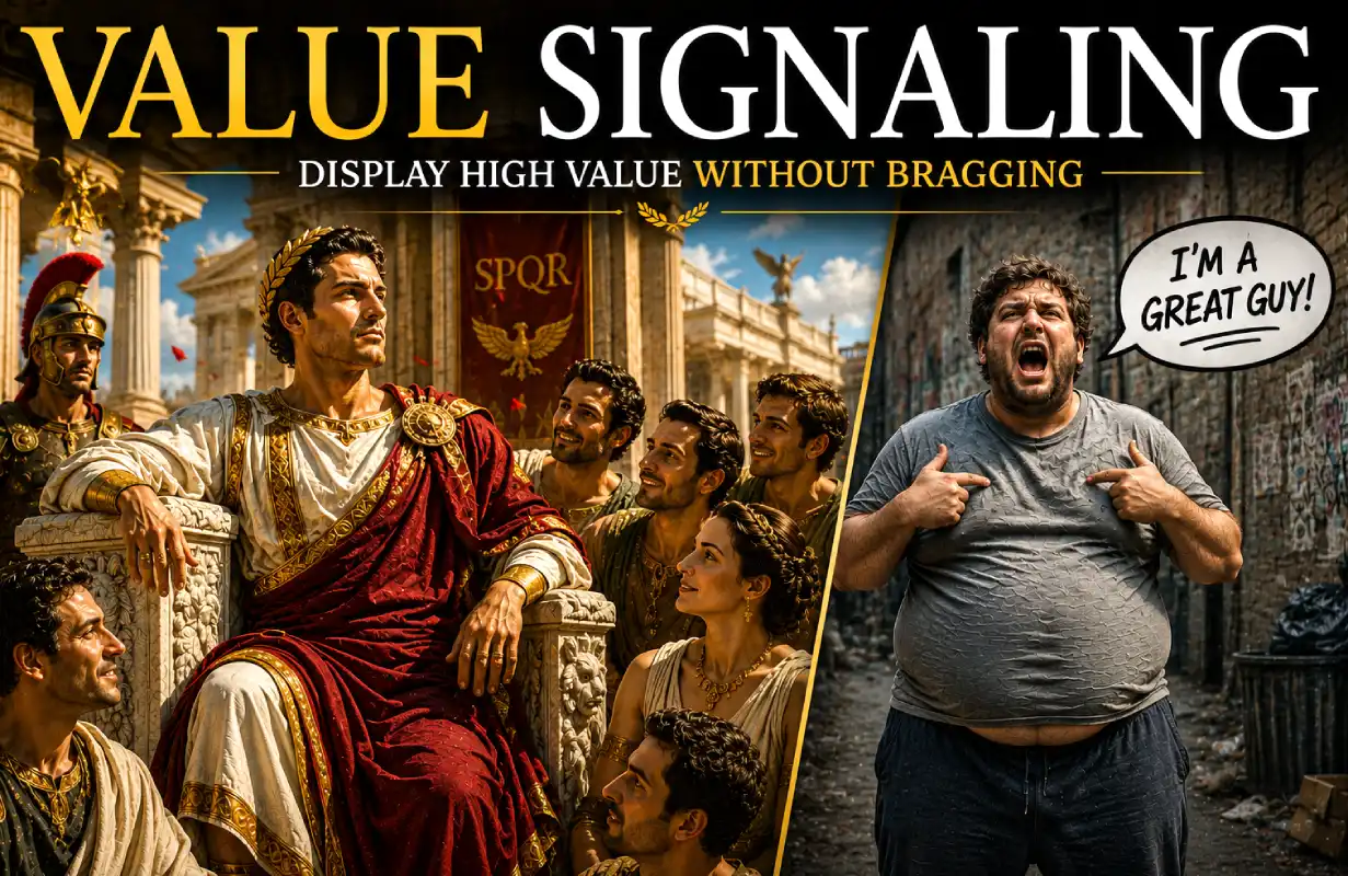 A split-screen illustration showing value signaling. On the left, a confident Roman emperor-like figure surrounded by respected peers represents high-value signaling without overt bragging. On the right, a man loudly claiming self-worth alone represents low-value, overcompensated signaling. The image illustrates how true value is communicated through behavior, context, and social perception rather than verbal claims.