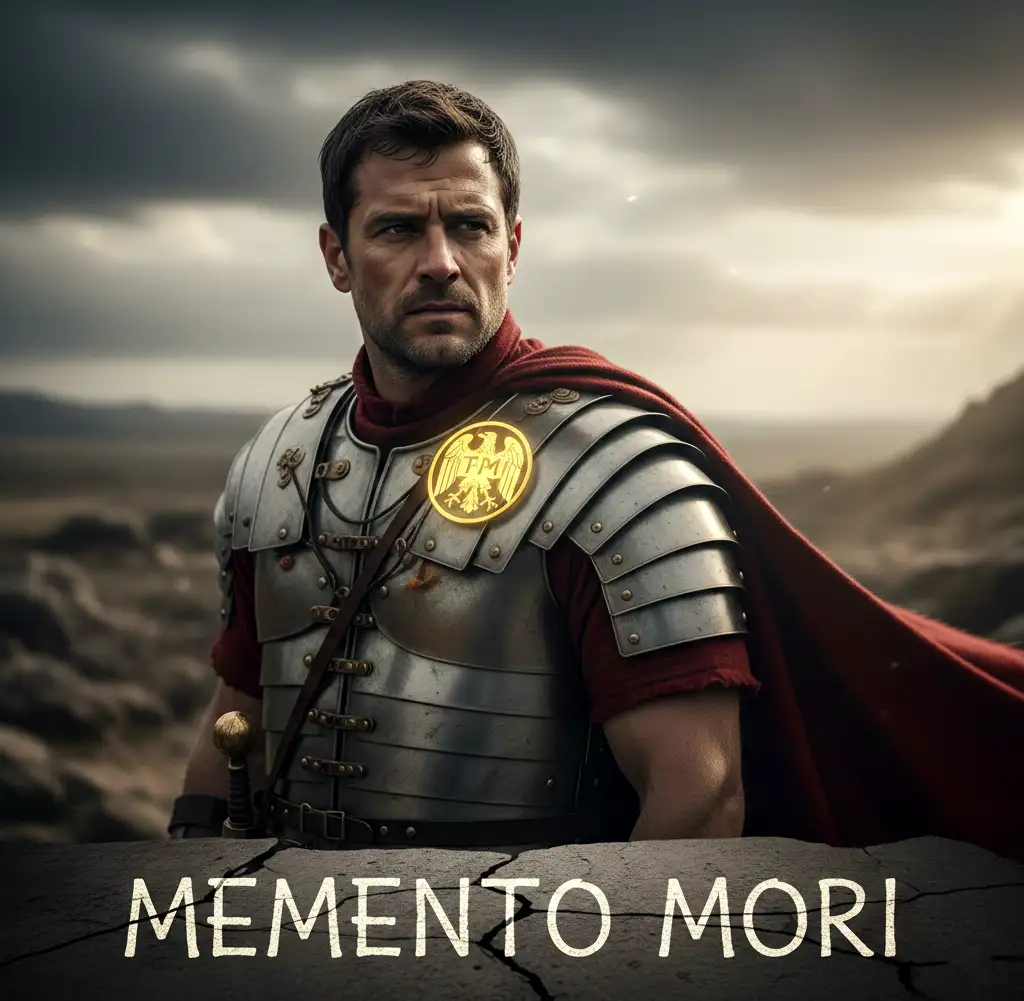 roman soldier behind a wall with 'memento mori' written on it