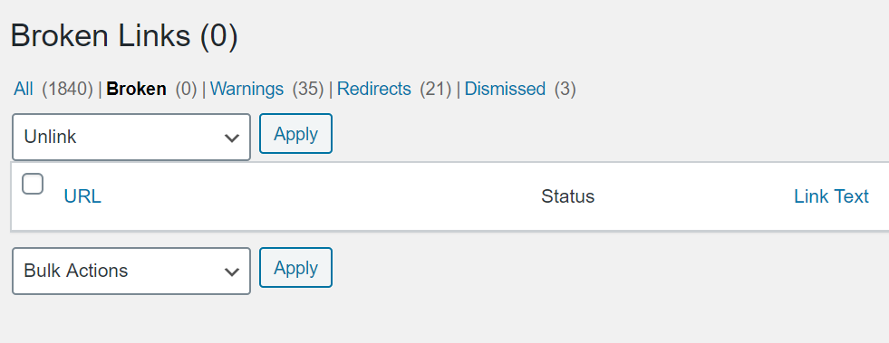 screenshot from broken link checker plugin
