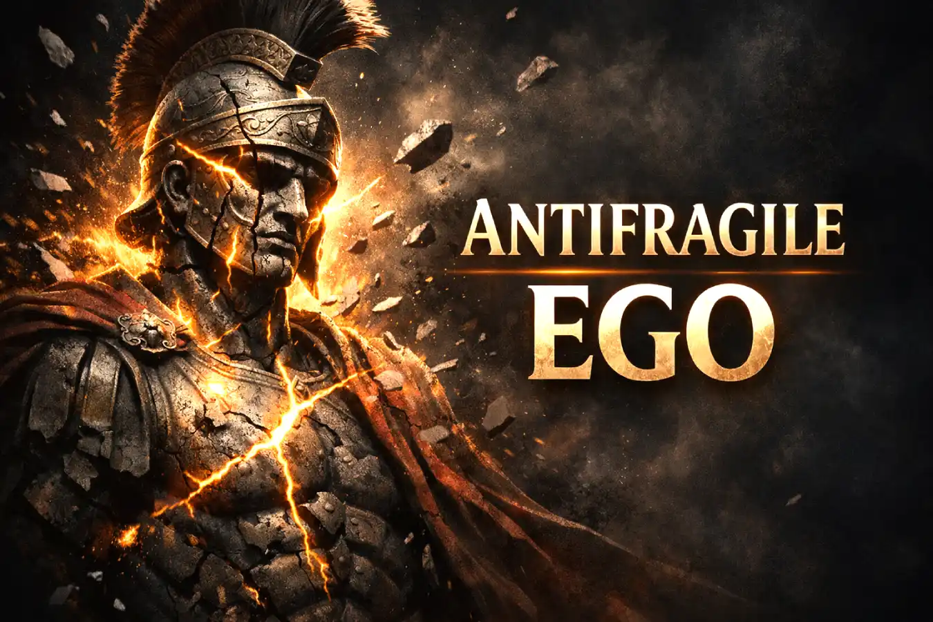 antifragile ego concept seen from a classical warrior statue glowing from within