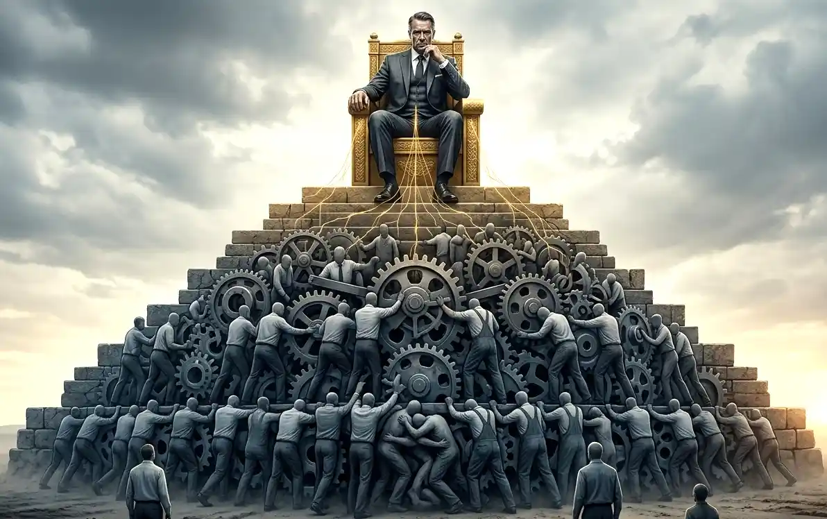 a ceo at the top of a pyramid while employees below build the pyramid