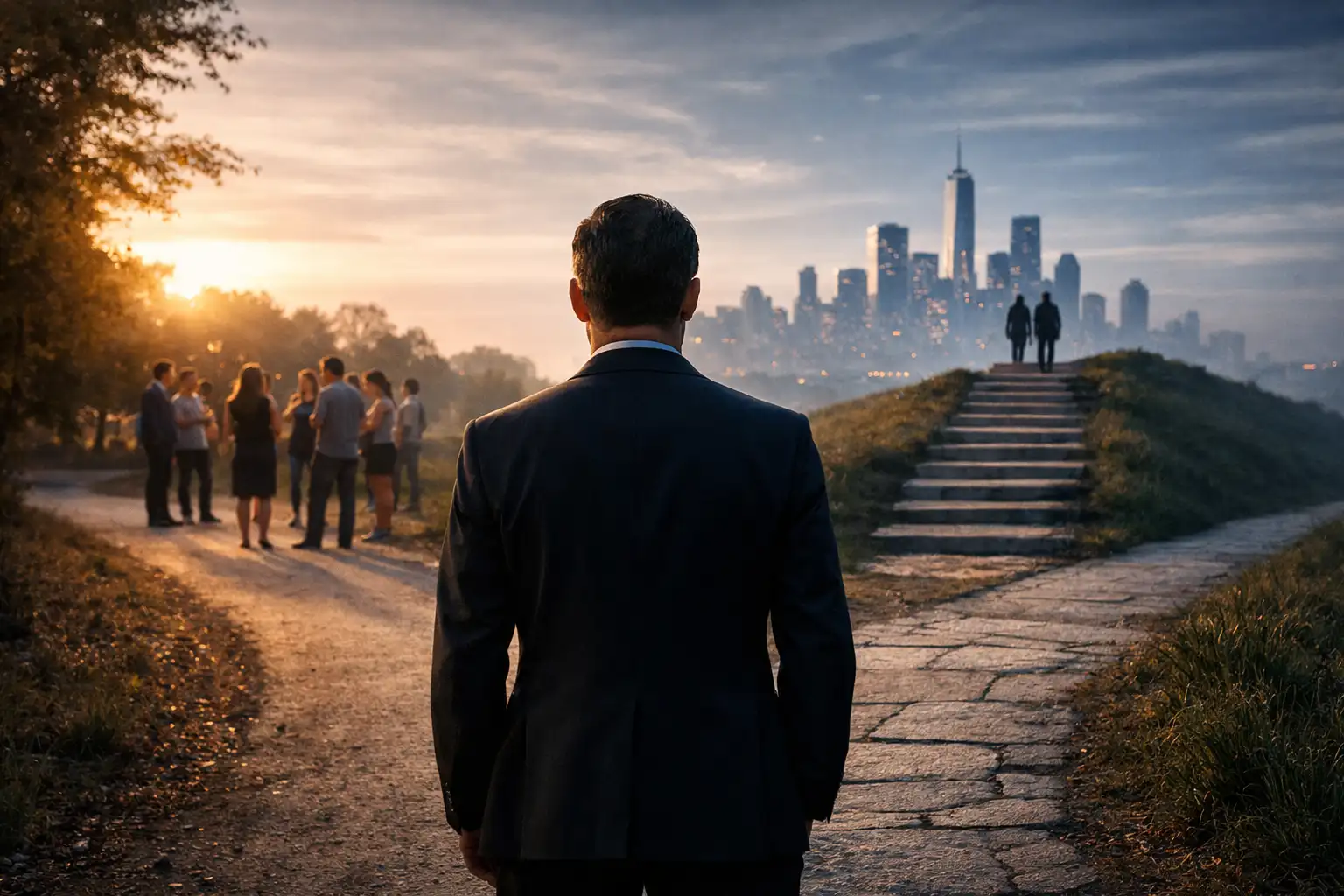 a split road with a stair going up symbolizing agency, and going left towards a group of people symbolizing communion