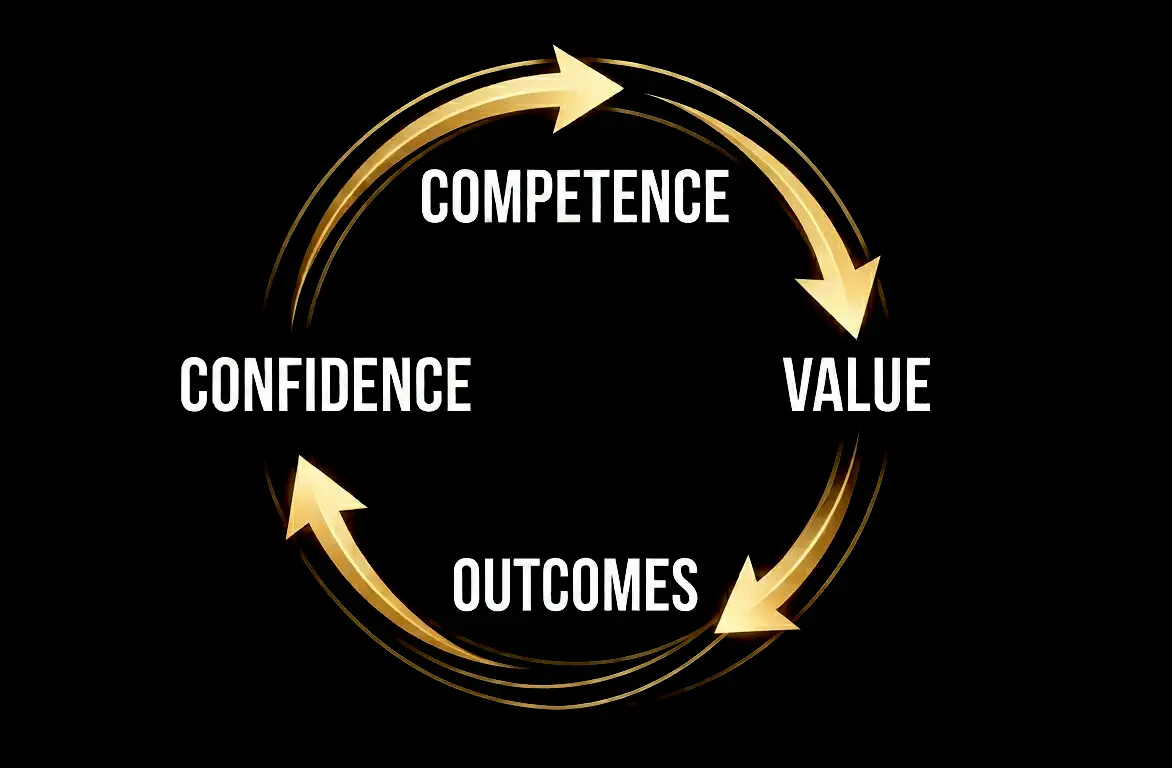 the competence loop representation, showing how competence is linked to value, outcomes, and confidence