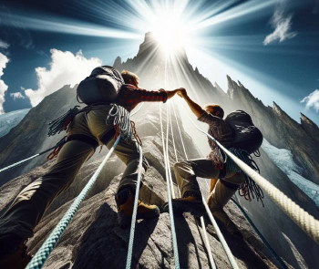 two men climb a mountain helping each other