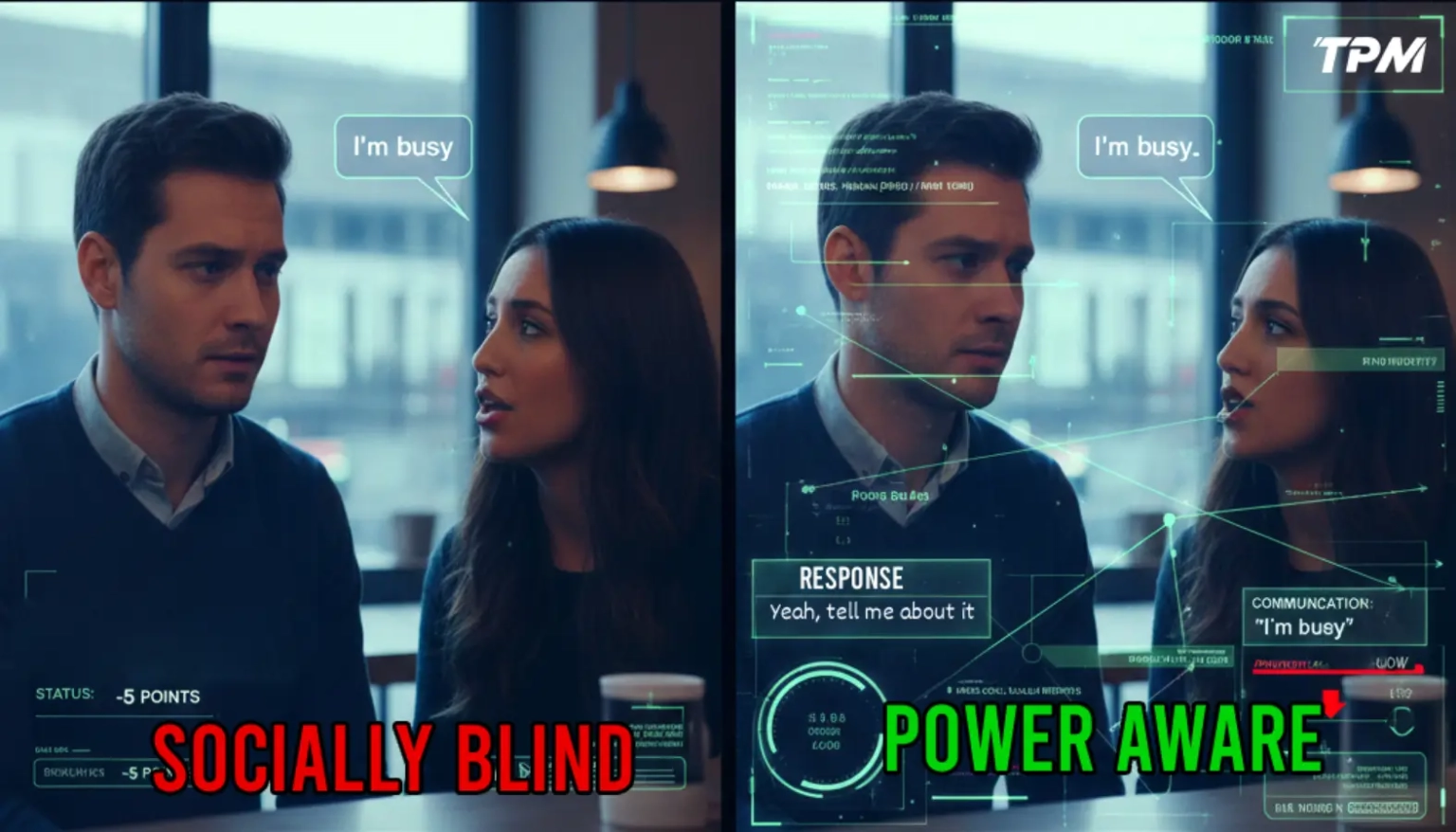 man and woman interacting with covert power moves