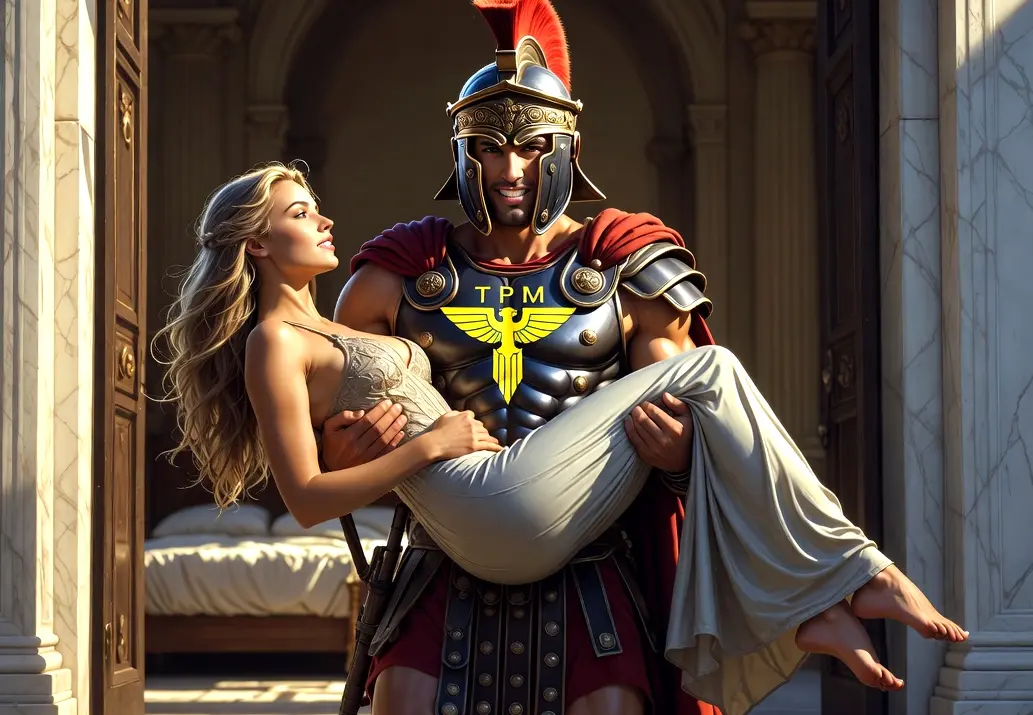 confident man dominantly carries a happy woman in his arms