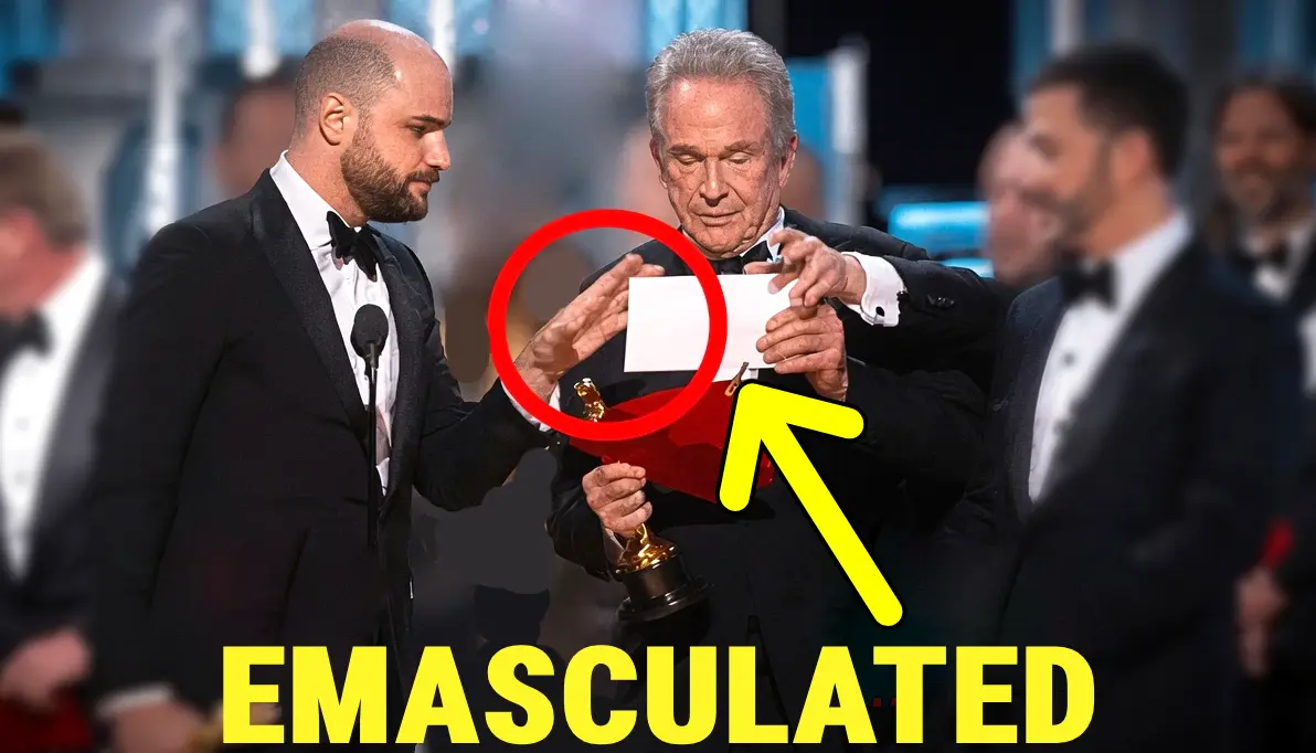 snapshot of the key moment when warren beatty vacillates during the la la land oscar mistake and lost the leadership