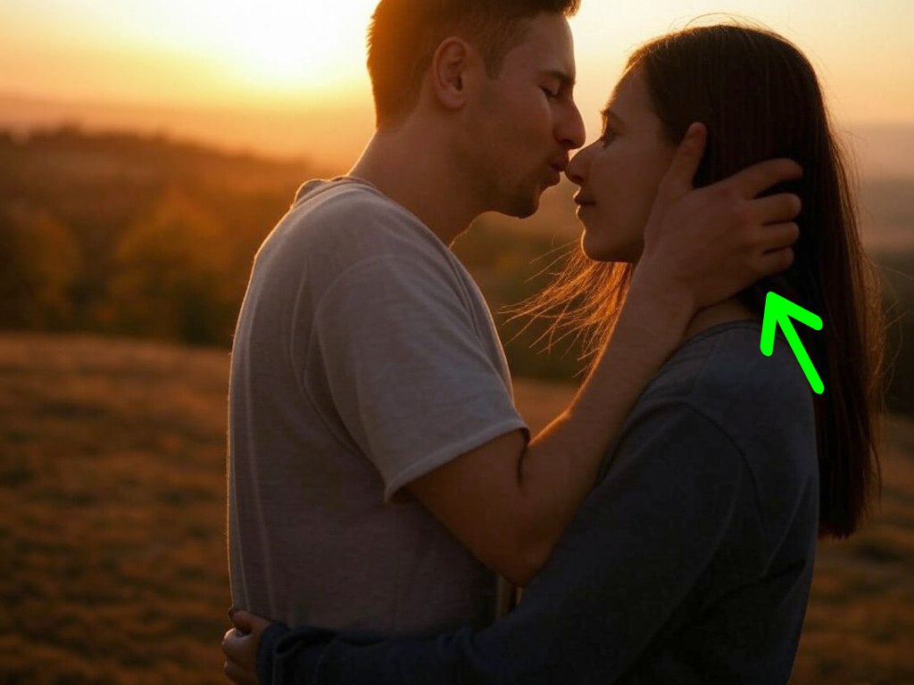romantic dominance of man kissing a woman at sunset, with visual annotation