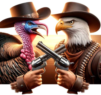 an eagle symbol of TPM facing off a turkey in a guns drawn duel