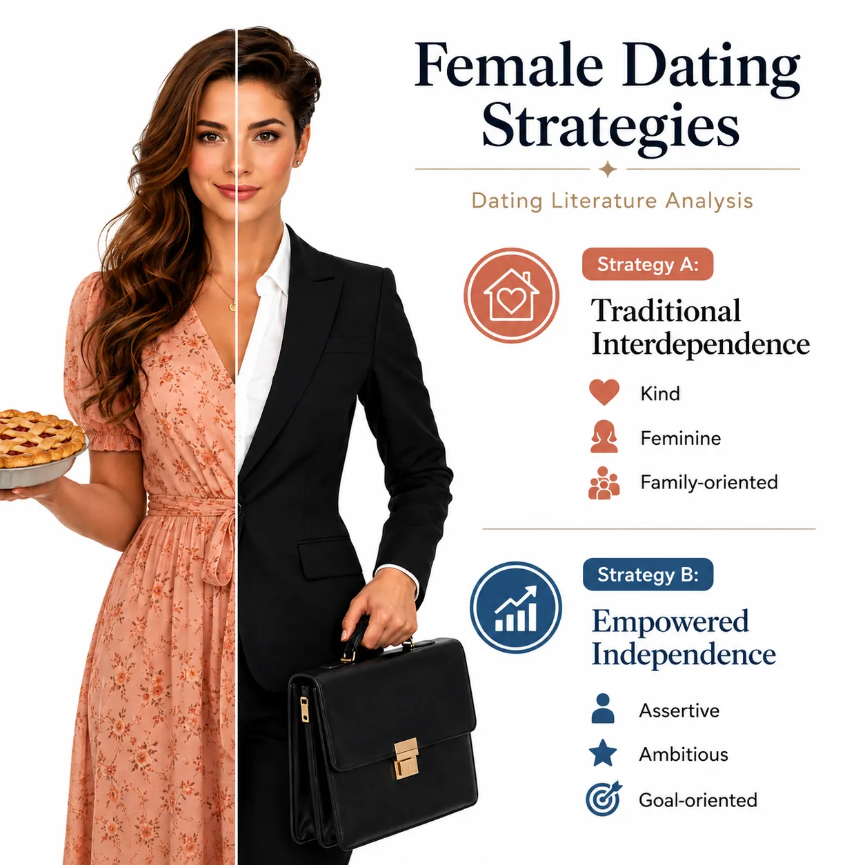 infographic of the two main dating strategies emerging from TPM's analysis of the dating literature for women, the family-oriented woman, and the empowered woman