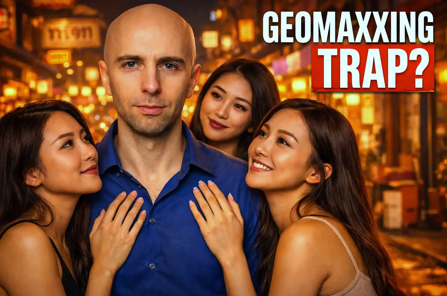 white man in a group of women looking up to him, a symbol of geo arbitrage in dating