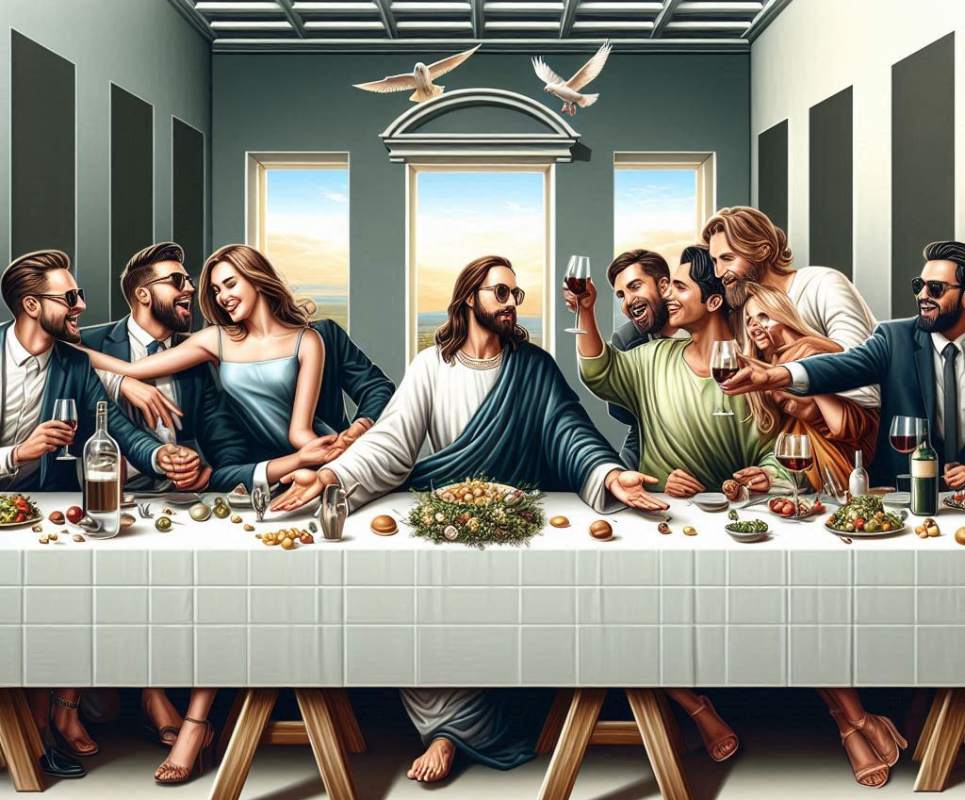 friends having fun at dinner with one main character in the middle looking like a modern day prophet