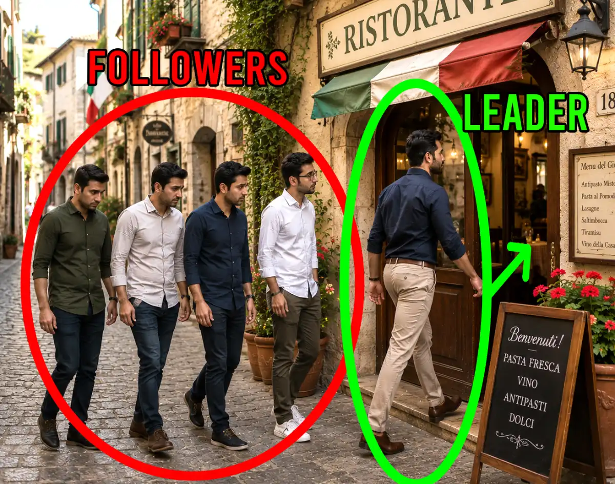 attitude of social dominance shown by taking the leadership during an everyday situation: who walks frist inside a new venue