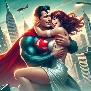 woman hugs superman tight