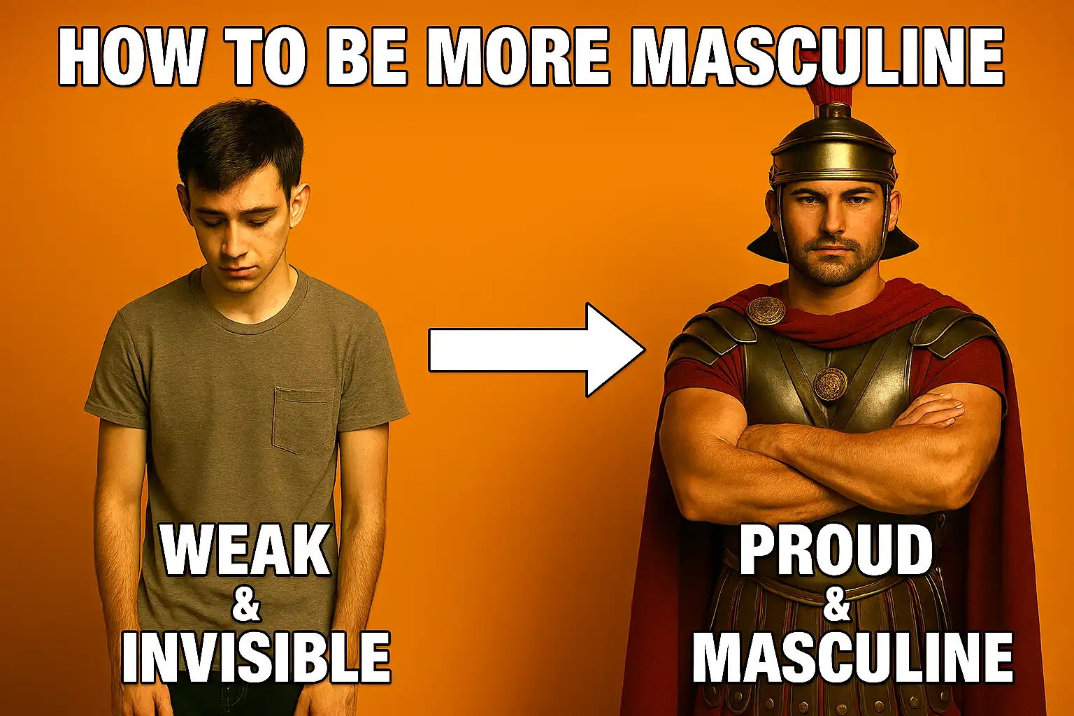 two men one low confidence on the left and one high confidence and masculine looking on the right to highlight the difference between non masculine and masculine