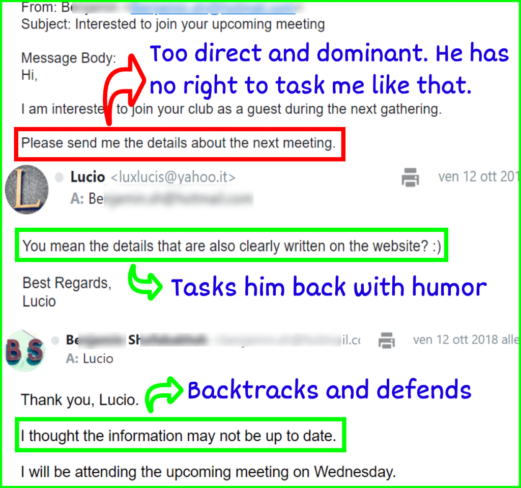 email exchange on how to deal with dominant folks