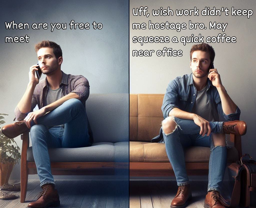 two men talking on the phone in a split screen, with speech bubbles