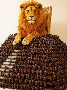 lion on a throne sits on top of a pyramid of stick figures