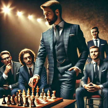 executive plays chess while everyone looks at him in admiration