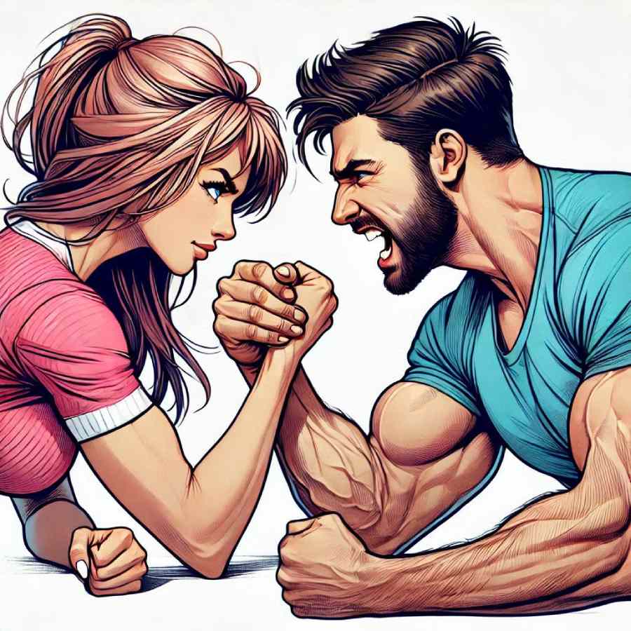man and woman arm wrestling to symbolize the power-renegotiation phase in romantic relationships