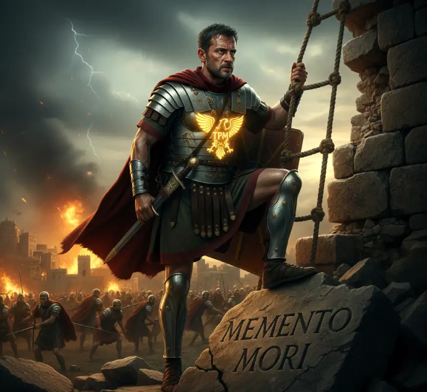 roman legionnaire starting to climb a wall as a symbol of memento mori