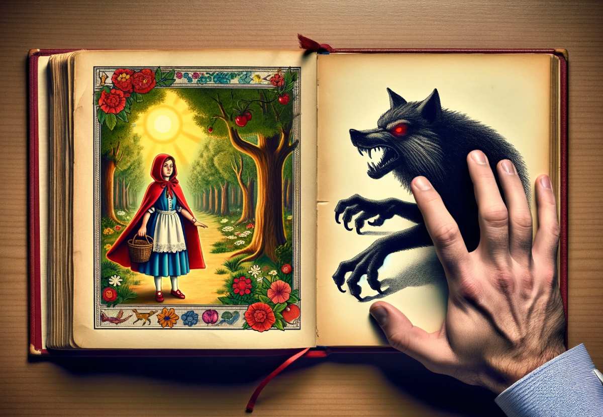 little red riding hood on the left side of a book and a wold on the right side. a hand covers the wolf to represent the unwillingness to look at the dark side of human nature