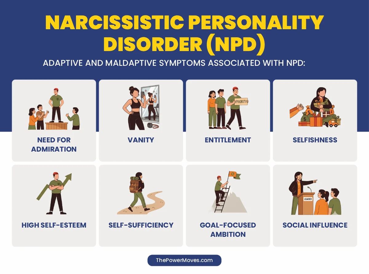 Infographic of the 8 traits of narcissism, including effective grandiosity and clinical entitlement by The Power Moves
