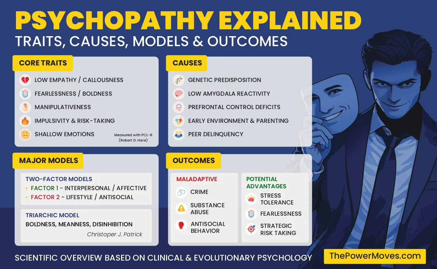 Comprehensive infographic of psychopathy models and traits, featuring the Triarchic Model and Effective Psychopathy outcomes by The Power Moves.
