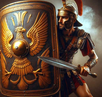 a man hides behind a shield as a symbol of self protection