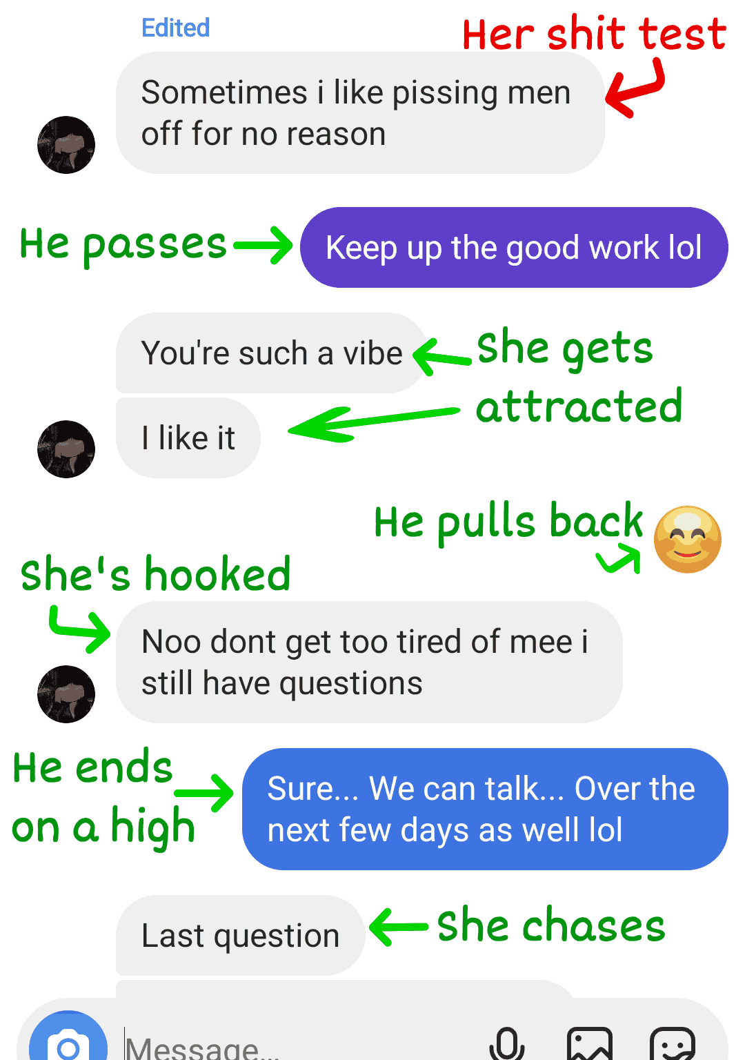 shit test example and how to pass a shit test shown with real-life texting