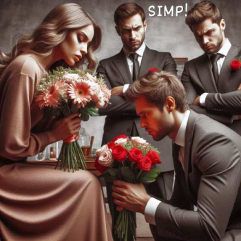 simp courting a woman and non simping looking on angry