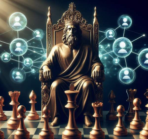 social power dynamics with a king in the middle of a chessboard and sociodynamics links among people