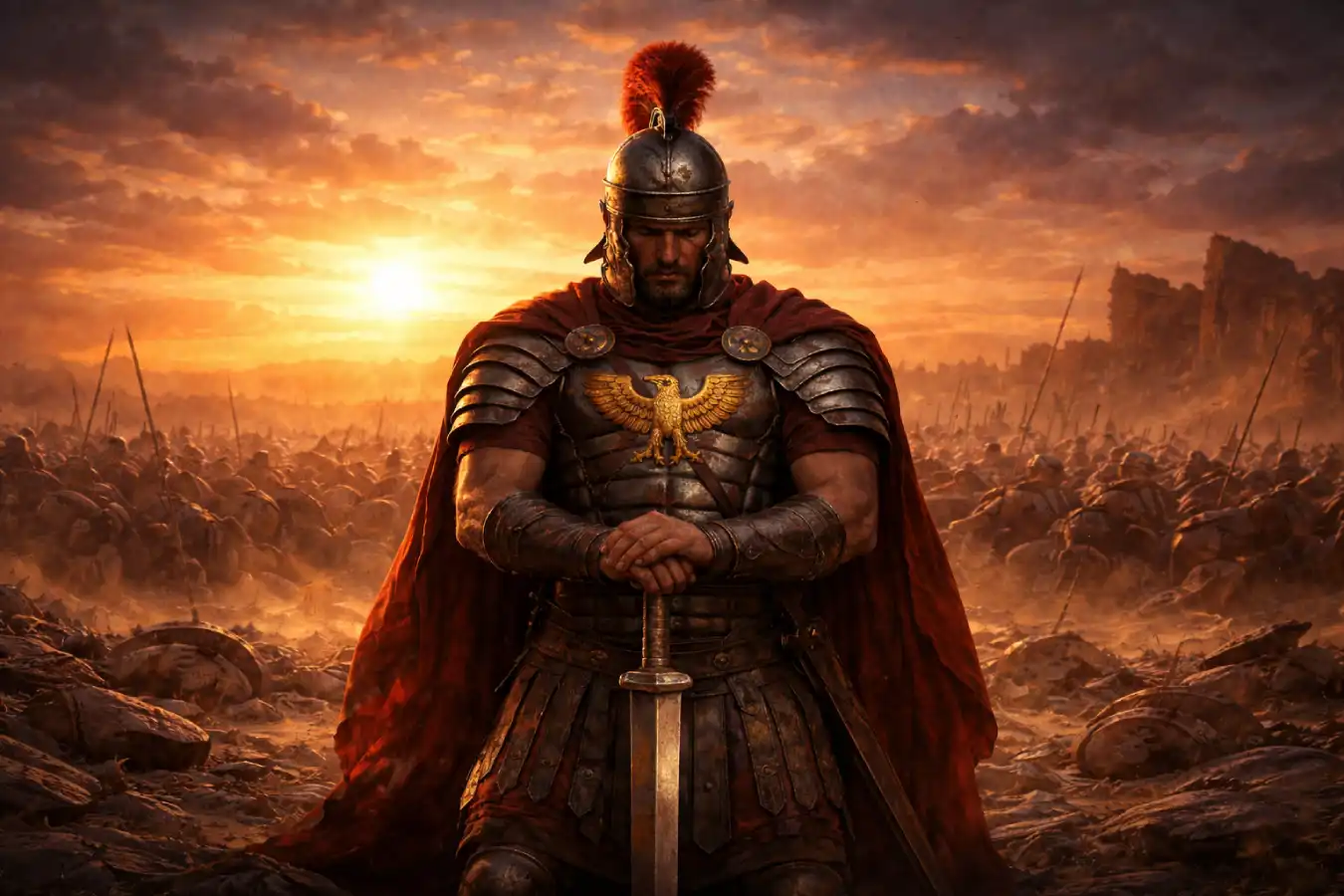 a legionnaire stands in self-reflection, suggesting a spiritual approach to battle
