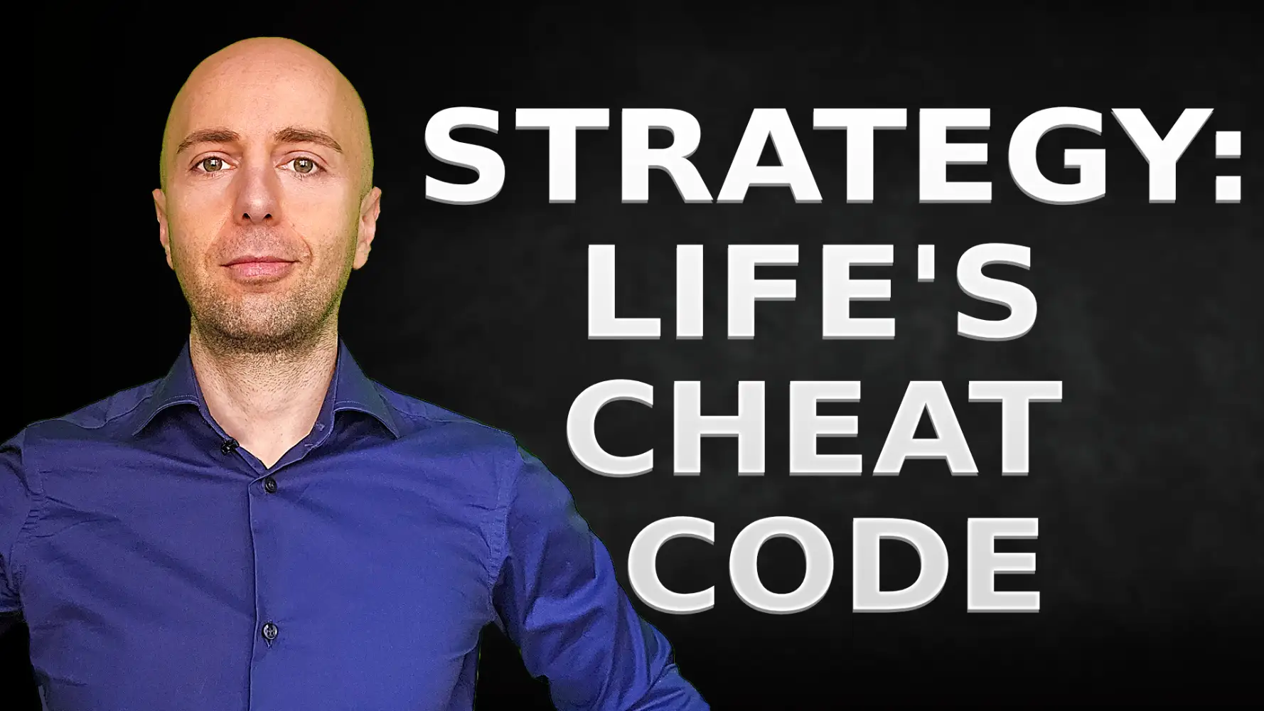 lucio buffalmano with black background saying 'strategy: life's cheat code'