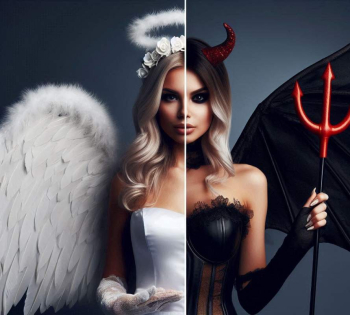 same woman dressed as angel and devil as representation of madonna-whore complex