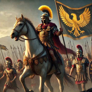 leader on a horse carries a flag while men follow him