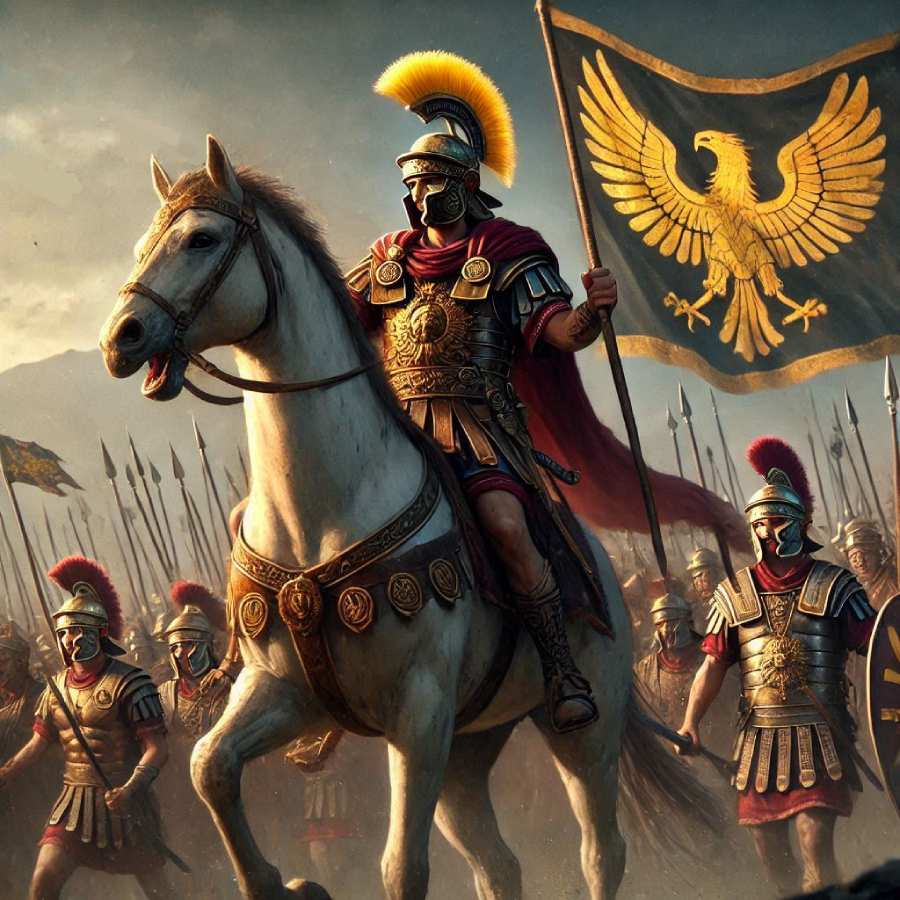 transformational leader leads a legion on a horse while carrying a banner, a symbol of high inspiration