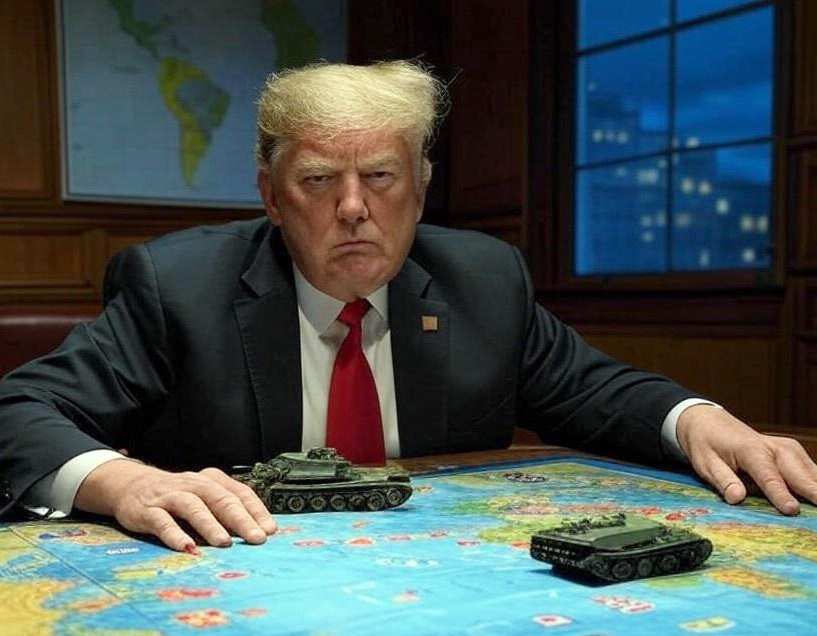 trump playing risiko with tanks over a map