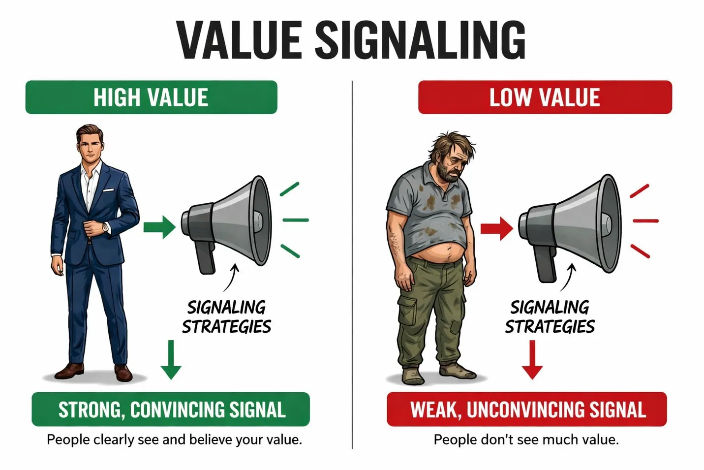 value signaling split screen comparing the two different levers of value signaling: objective value and signaling strategies