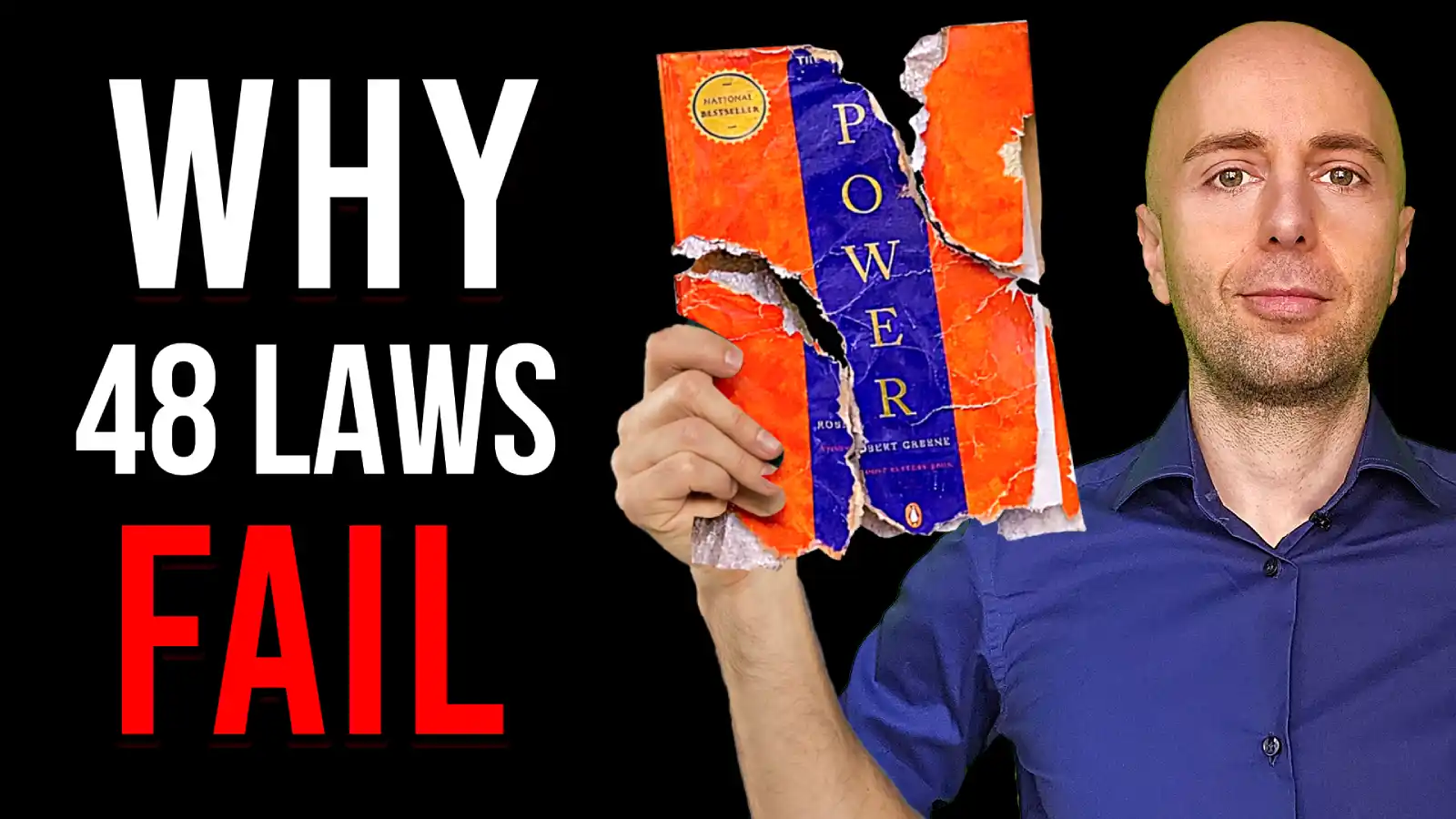 lucio buffalmano holding a copy of tore 48 laws of power and saying 'why the 48 laws of power doesn't work'