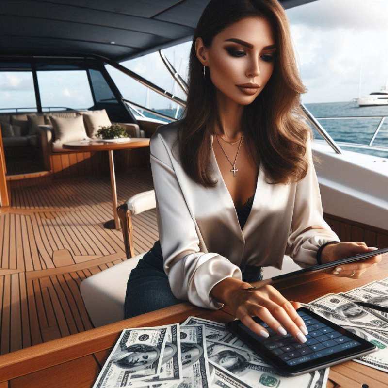 attractive woman counts cash on a yacht