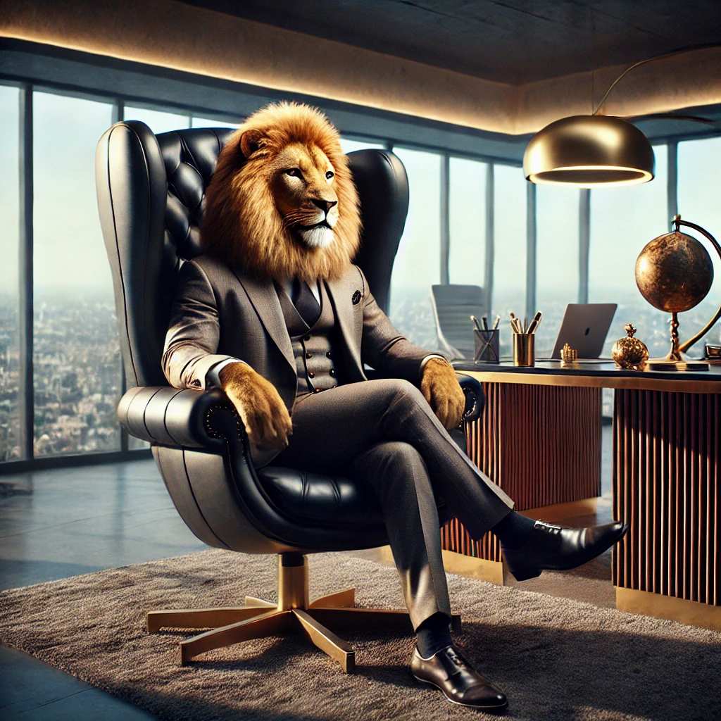 lion in a top office room, symbol of power and influence at work