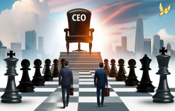 two men walk towards a CEO chair among chess pieces