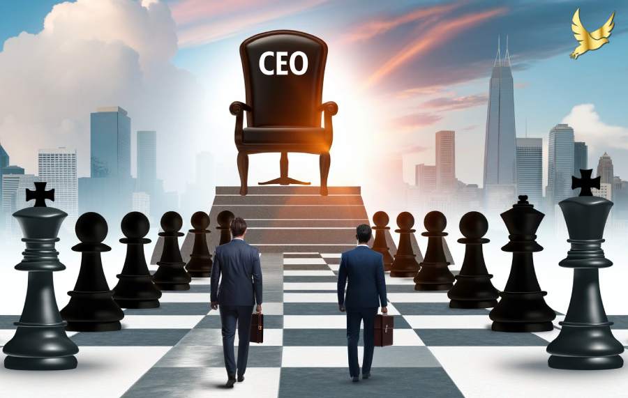 two men walk towards a CEO chair among chess pieces